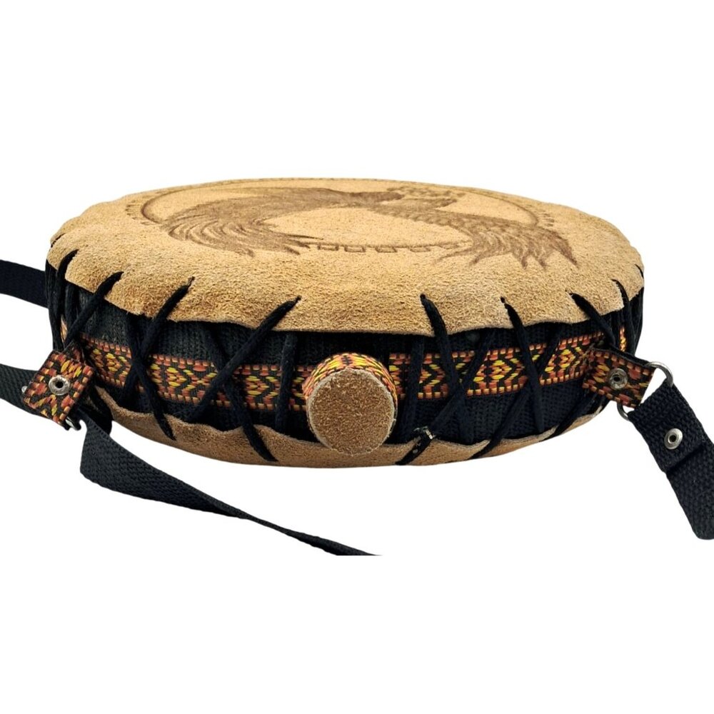 Handcrafted Canteen Round Suede Shoulder Bag With Embossed Eagle Design & Woven - Picture 7 of 8